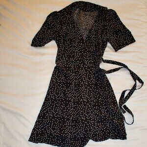 Original + Chic Black & White Polka Dot Mini Wrap Dress